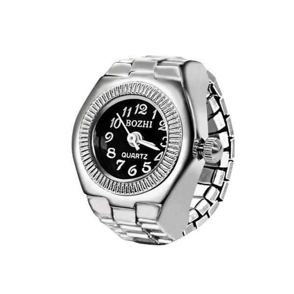 Anillo de reloj de aleación punk vintage con mini pulsera elástica - Estilo romano retro Cuarzo Pareja Mujeres Hombres - Idea de regalo