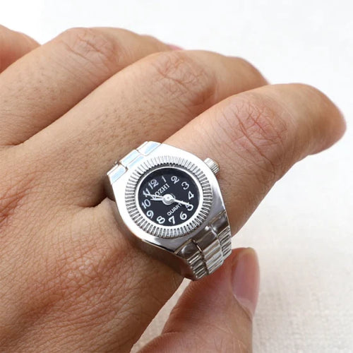 Anillo de reloj de aleación punk vintage con mini pulsera elástica - Estilo romano retro Cuarzo Pareja Mujeres Hombres - Idea de regalo