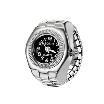Anillo de reloj de aleación punk vintage con mini pulsera elástica - Estilo romano retro Cuarzo Pareja Mujeres Hombres - Idea de regalo