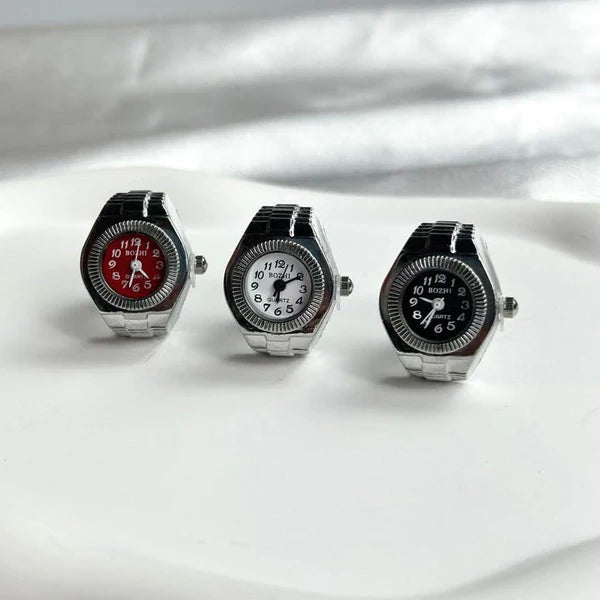 Anillo de reloj de aleación punk vintage con mini pulsera elástica - Estilo romano retro Cuarzo Pareja Mujeres Hombres - Idea de regalo