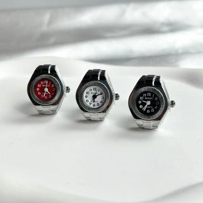 Anillo de reloj de aleación punk vintage con mini pulsera elástica - Estilo romano retro Cuarzo Pareja Mujeres Hombres - Idea de regalo