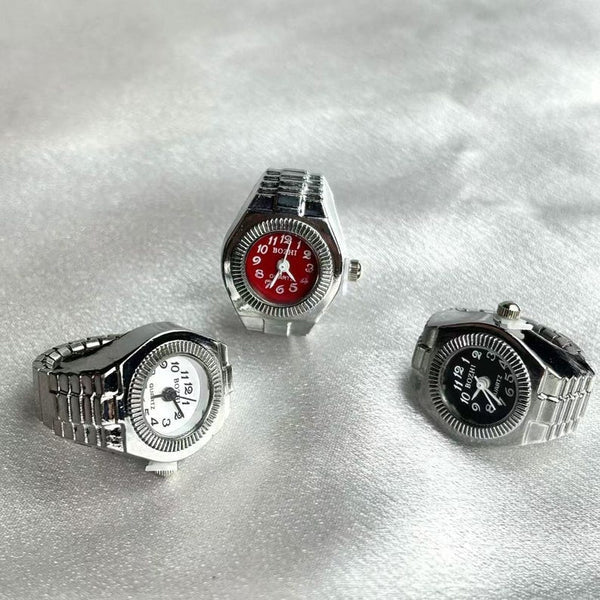 Anillo de reloj de aleación punk vintage con mini pulsera elástica - Estilo romano retro Cuarzo Pareja Mujeres Hombres - Idea de regalo