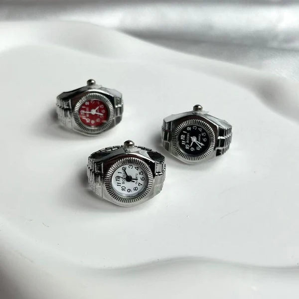 Anillo de reloj de aleación punk vintage con mini pulsera elástica - Estilo romano retro Cuarzo Pareja Mujeres Hombres - Idea de regalo